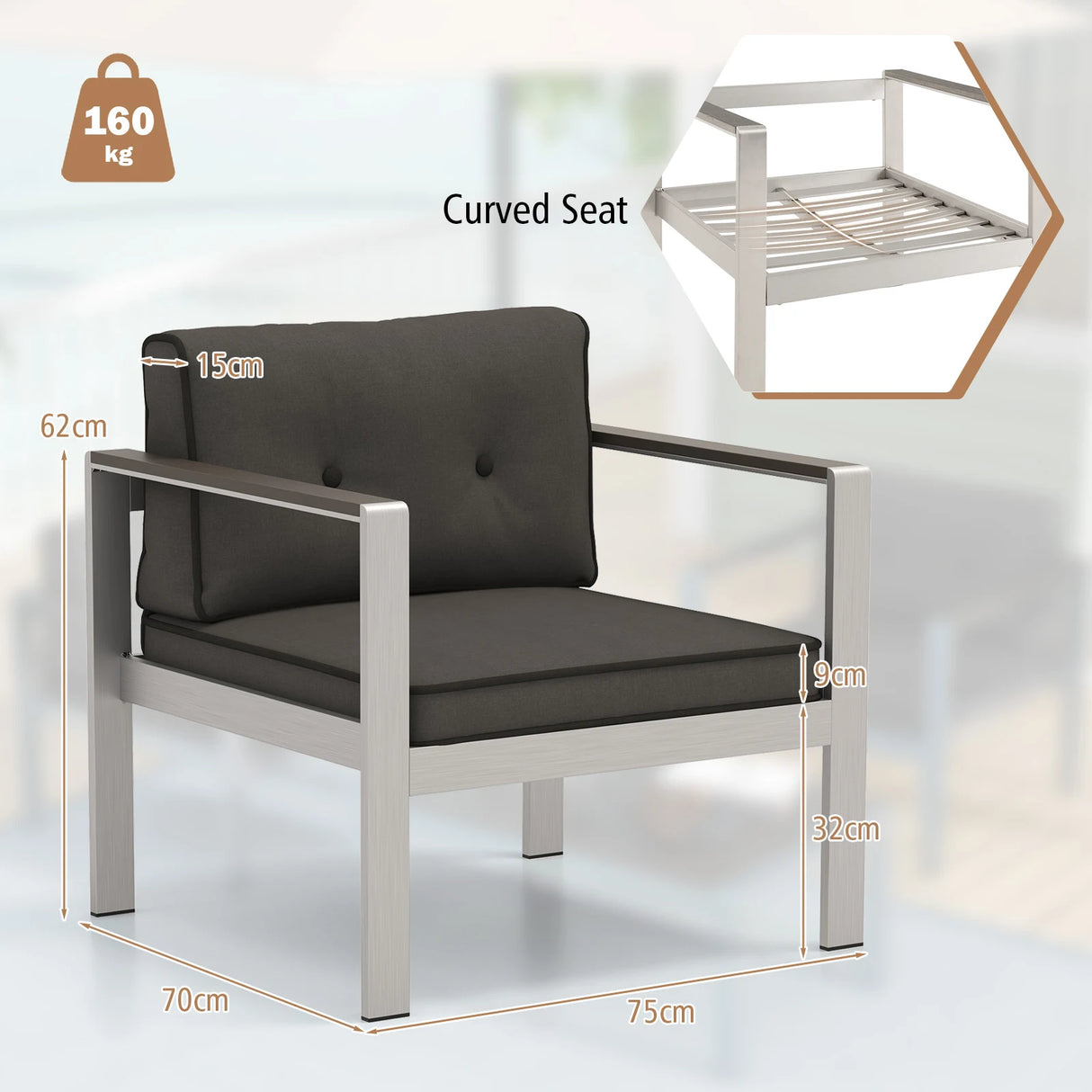 Contemporary Sofa Chair with WPC Armrests and Back Cushions