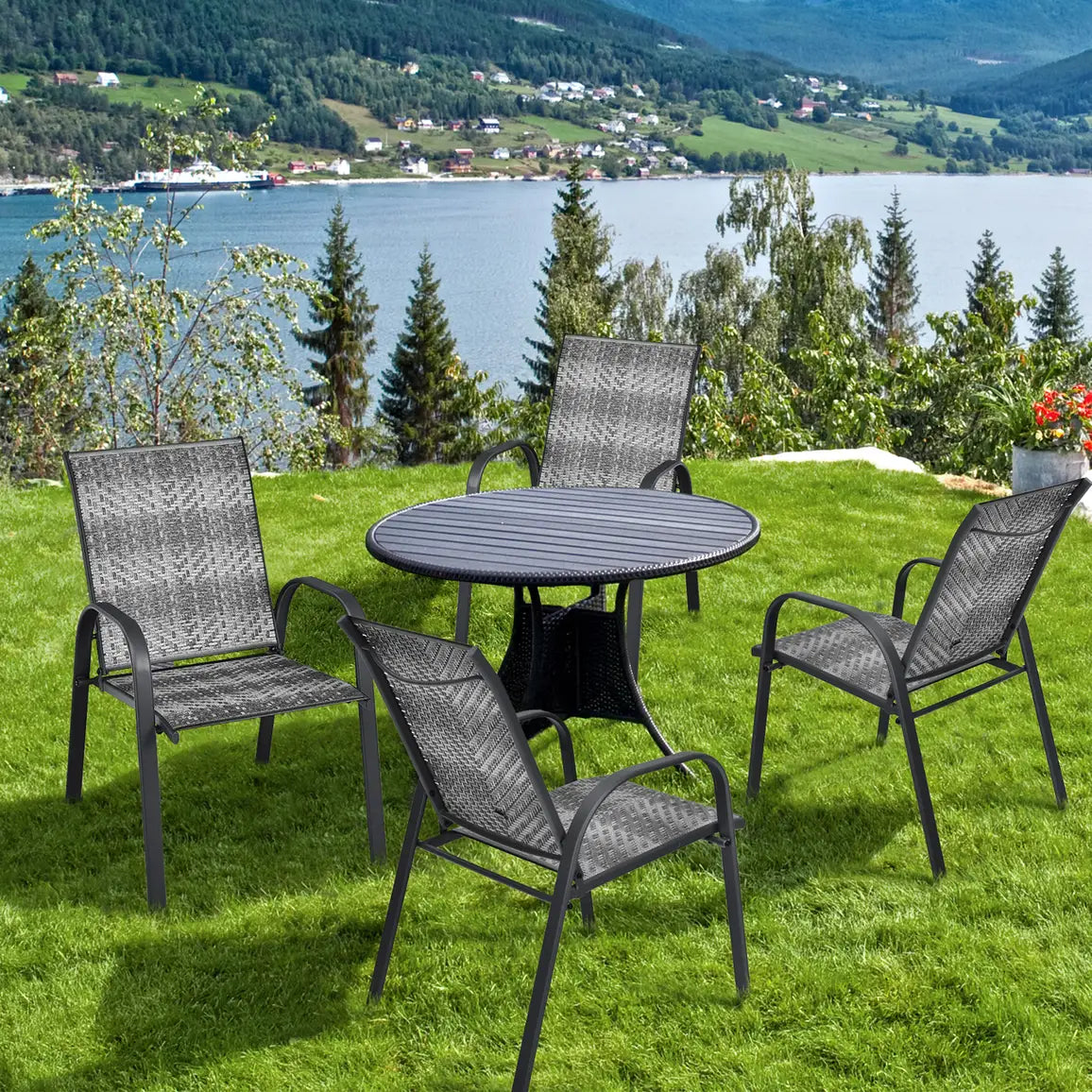 Set of 6 Outdoor PE Wicker Stackable Chairs  for Garden & Yard & Deck & Lawn