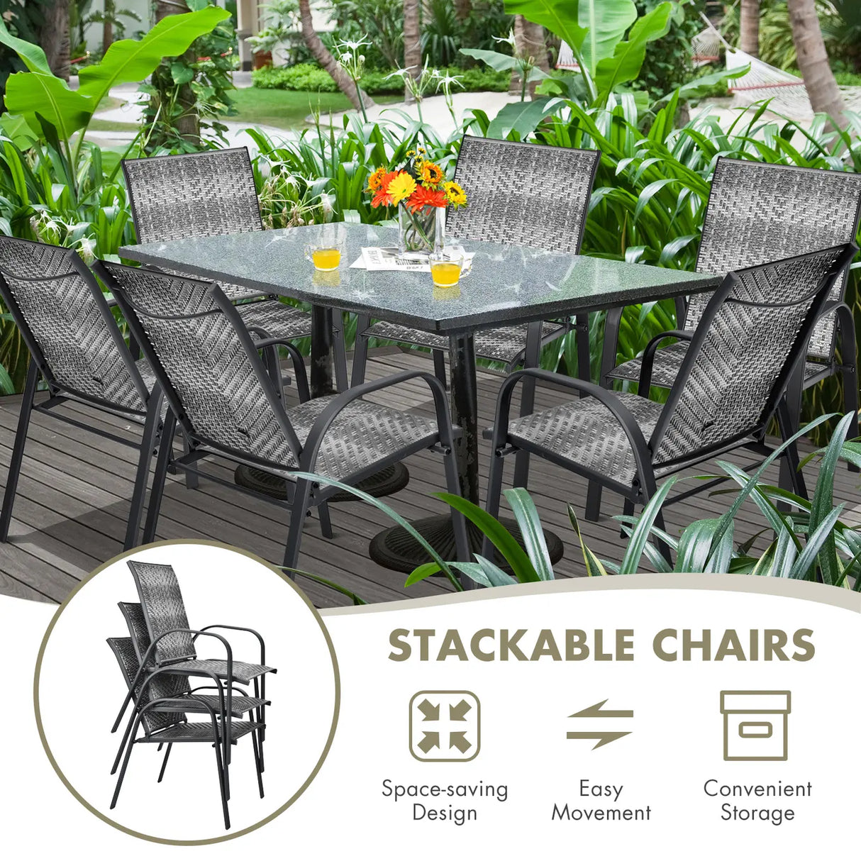 Set of 6 Outdoor PE Wicker Stackable Chairs  for Garden & Yard & Deck & Lawn