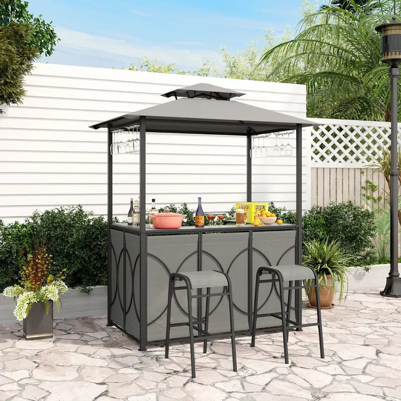3-Piece Patio Bar Set with Metal Storage Shelves and Glass Holders-Grey