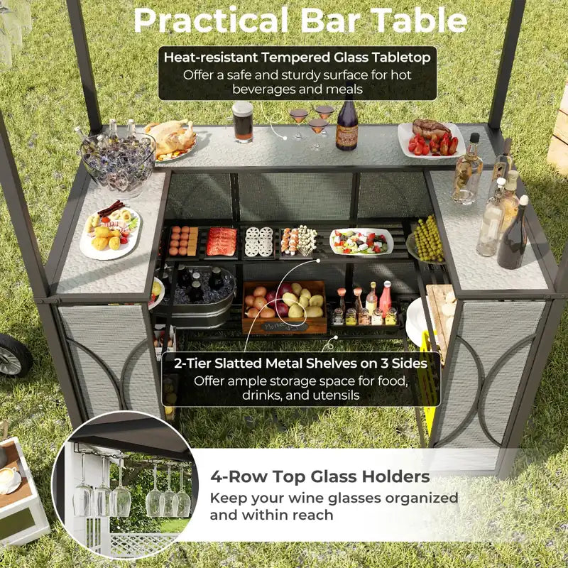 3-Piece Patio Bar Set with Metal Storage Shelves and Glass Holders-Grey
