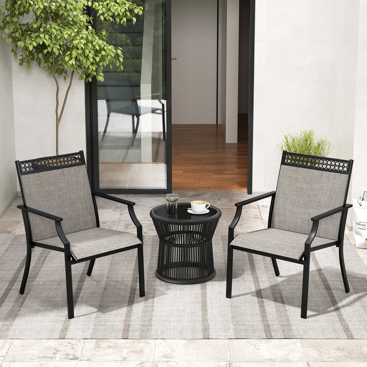 Patio Chairs Set of 2 with All Weather Breathable Fabric-Brown