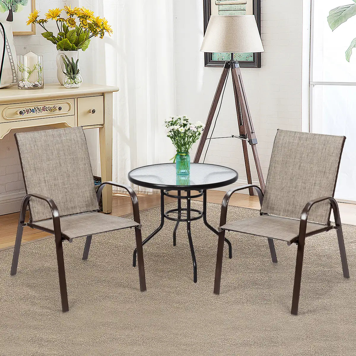 2 Pieces Patio Outdoor Dining Chair with Armrest-Gray