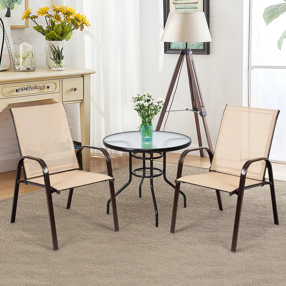 2 Pieces Patio Outdoor Dining Chair with Armrest-Beige