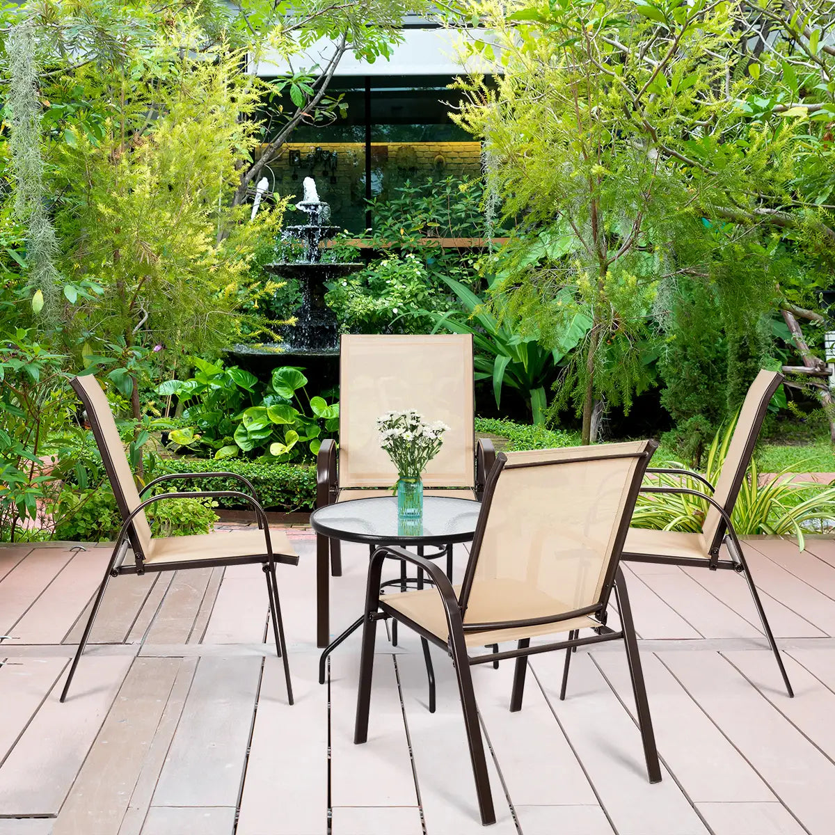 2 Pieces Patio Outdoor Dining Chair with Armrest-Beige