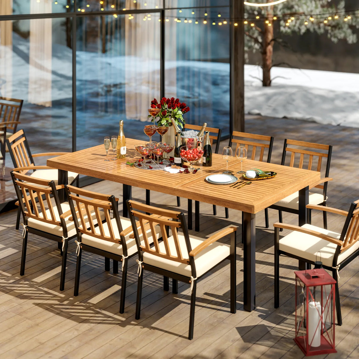 200 x 100cm Large Patio Dining Tablewith Acacia Wood Tabletop and Heavy Duty Metal Legs
