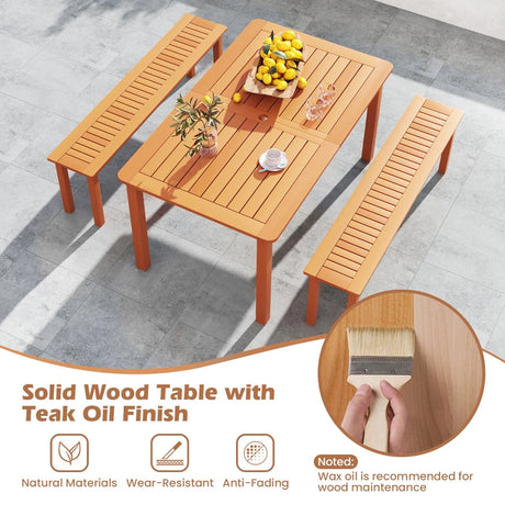 Patio Outdoor Solid Wood Dining Table with Umbrella Hole for 6