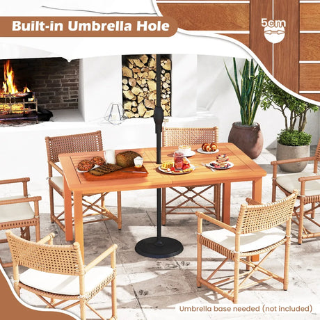 Patio Outdoor Solid Wood Dining Table with Umbrella Hole for 6