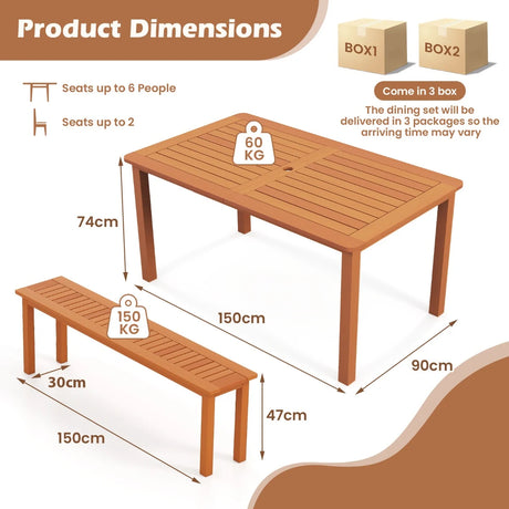 Patio Outdoor Solid Wood Dining Table with Umbrella Hole for 6