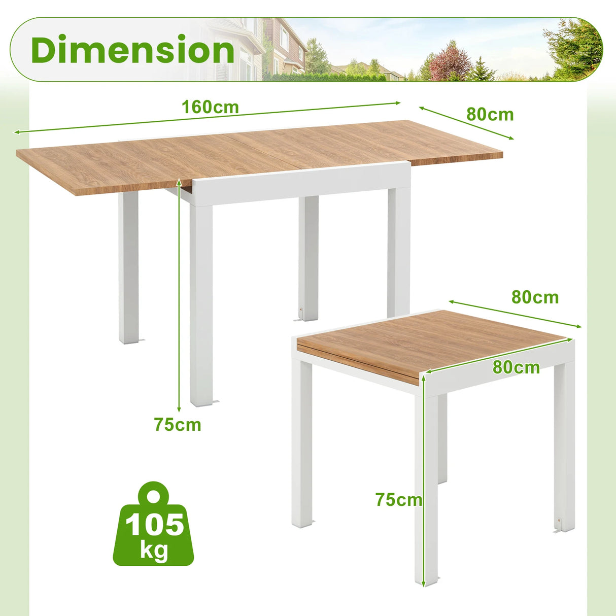Patio Expandable Dining Table Rectangular Aluminum Dining Table for 4-6 Person-Natural