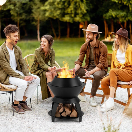 50CM Patio Fire Pit with Pot Holder and Storage Shelf for Camping BBQ Backyard