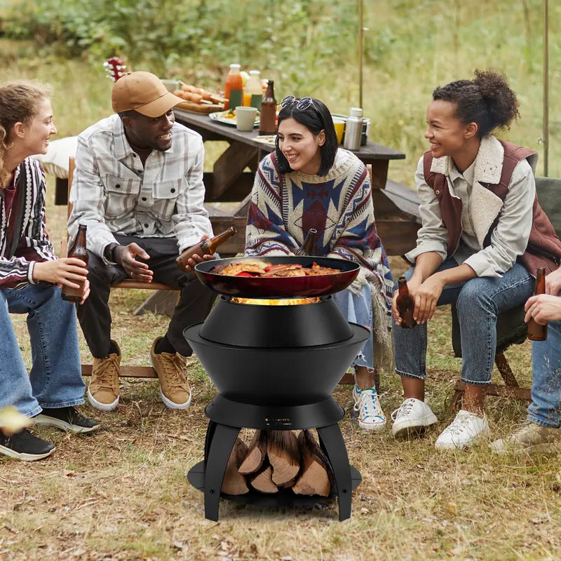 50CM Patio Fire Pit with Pot Holder and Storage Shelf for Camping BBQ Backyard