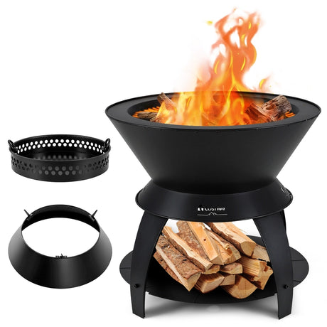 50CM Patio Fire Pit with Pot Holder and Storage Shelf for Camping BBQ Backyard