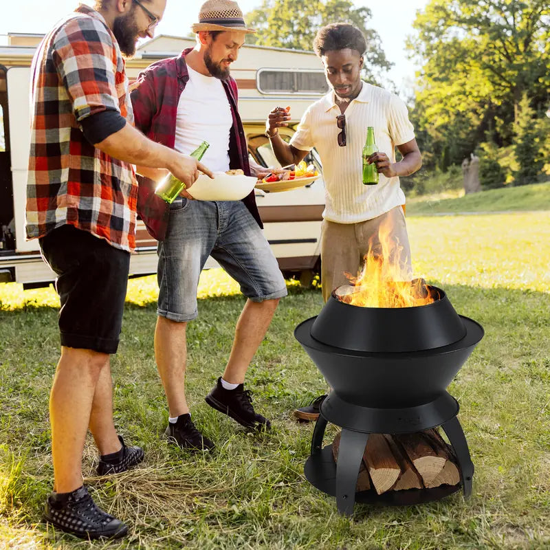 50CM Patio Fire Pit with Pot Holder and Storage Shelf for Camping BBQ Backyard