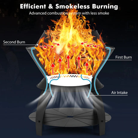 50CM Patio Fire Pit with Pot Holder and Storage Shelf for Camping BBQ Backyard