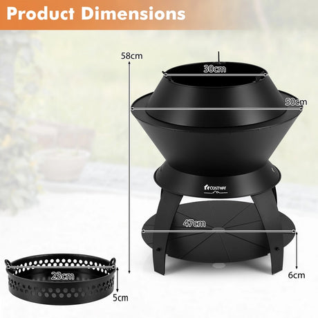 50CM Patio Fire Pit with Pot Holder and Storage Shelf for Camping BBQ Backyard