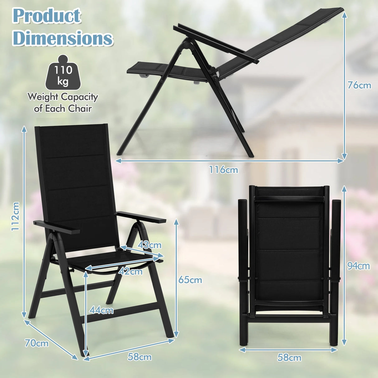 Outdoor Dining Chair with Soft Padded Seat and 7-Position Adjustable Backrest-Black
