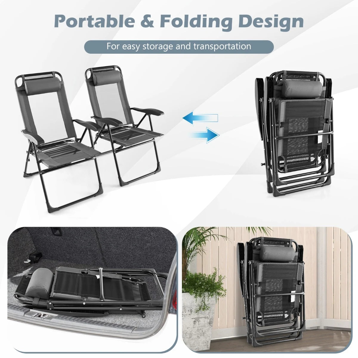 Patio Folding Chairs Set of 2 with Wide Armrests and 7-Level Backrest for Camping Backyard Garden-Grey
