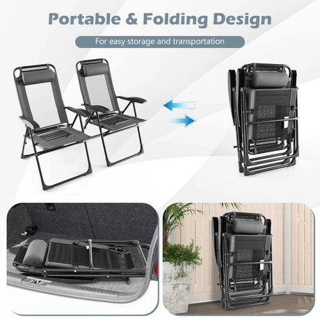 Patio Folding Chairs Set of 2 with Wide Armrests and 7-Level Backrest for Camping Backyard Garden-Grey