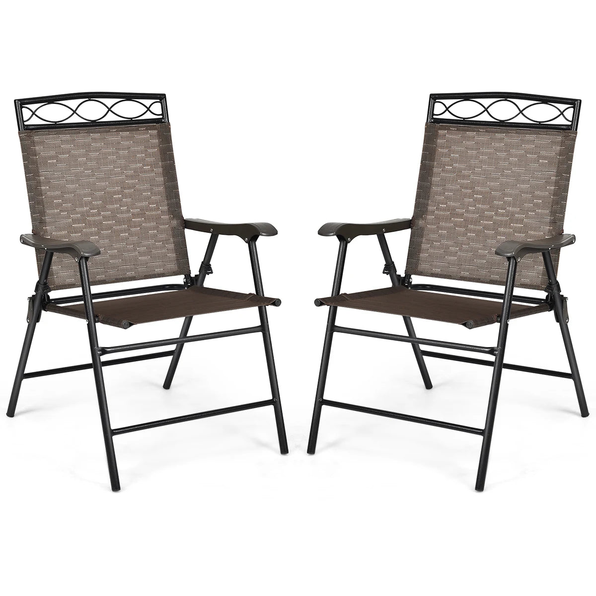 Set of 2 Patio Folding Chairs Sling Portable Dining Chair Set with Armrest