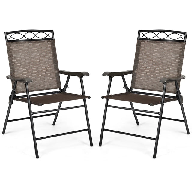 Set of 2 Patio Folding Chairs Sling Portable Dining Chair Set with Armrest