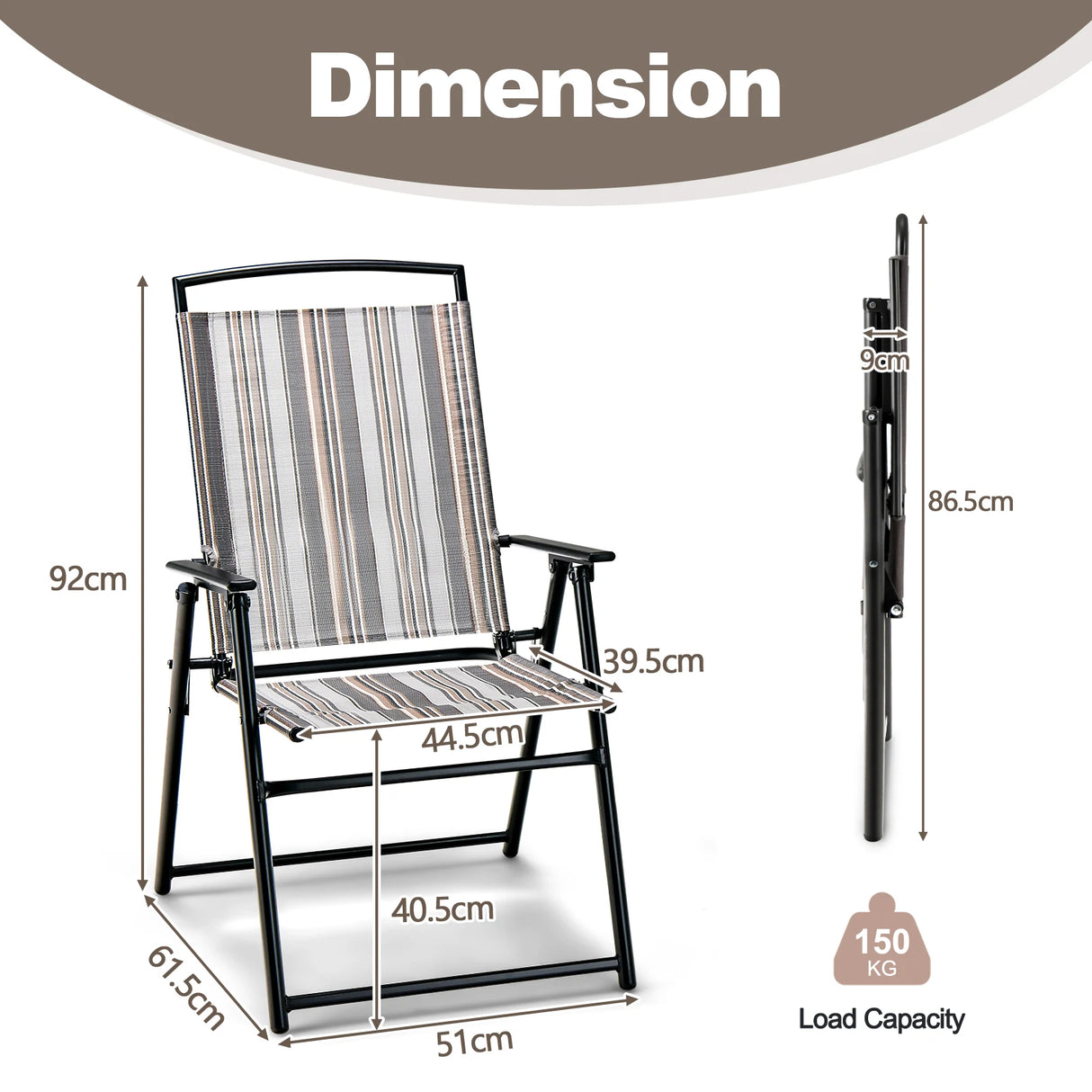 Set of 2 Patio Folding Sling Chairs Space-saving Dining Chair-Gray