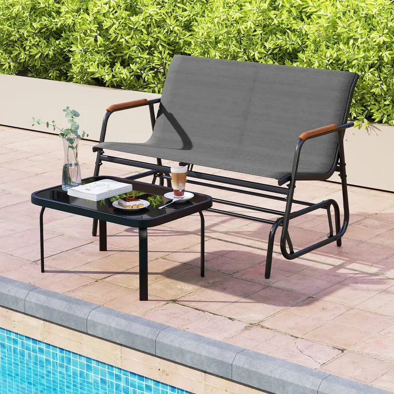 2-Person Patio Glider Bench with Curved Teak Armrests and Breathable Fabric Seat-Grey