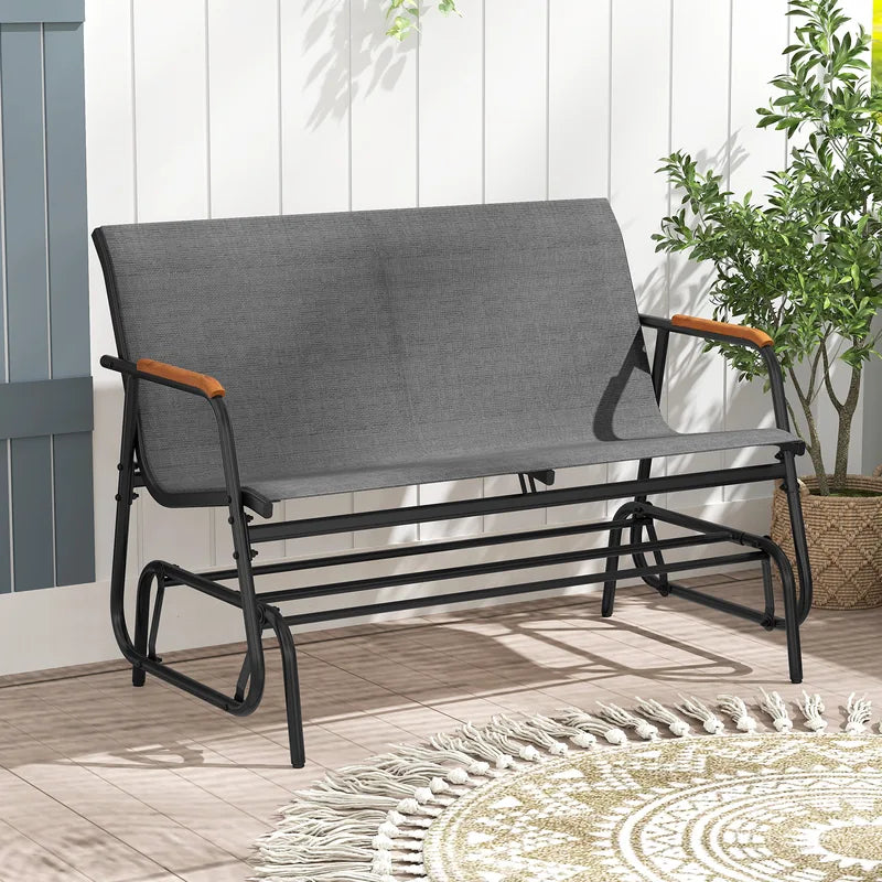 2-Person Patio Glider Bench with Curved Teak Armrests and Breathable Fabric Seat-Grey