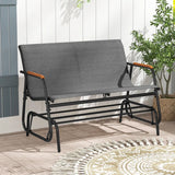 2-Person Patio Glider Bench with Curved Teak Armrests and Breathable Fabric Seat-Grey