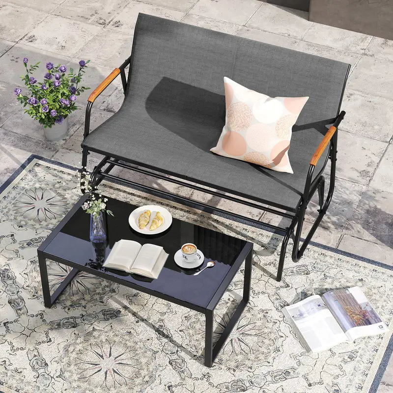 2-Person Patio Glider Bench with Curved Teak Armrests and Breathable Fabric Seat-Grey