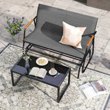 2-Person Patio Glider Bench with Curved Teak Armrests and Breathable Fabric Seat-Grey