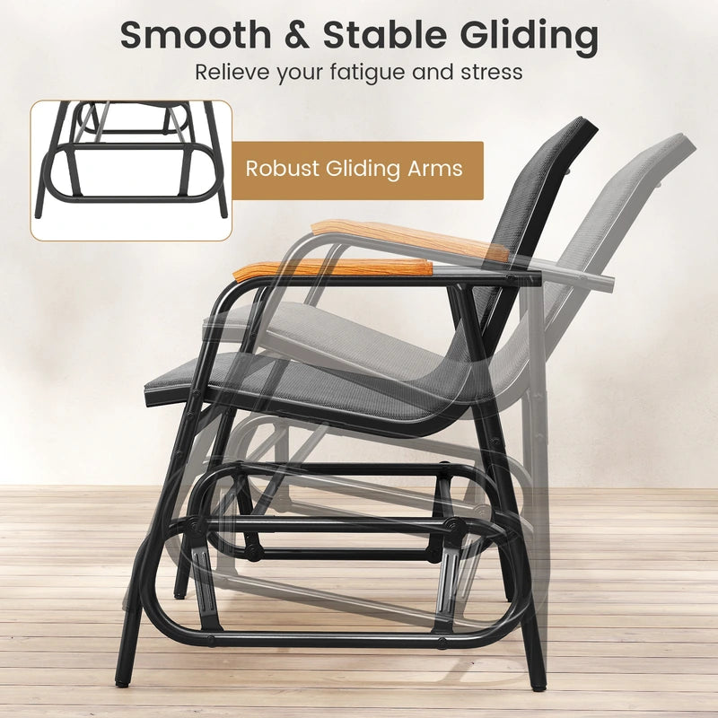 2-Person Patio Glider Bench with Curved Teak Armrests and Breathable Fabric Seat-Grey