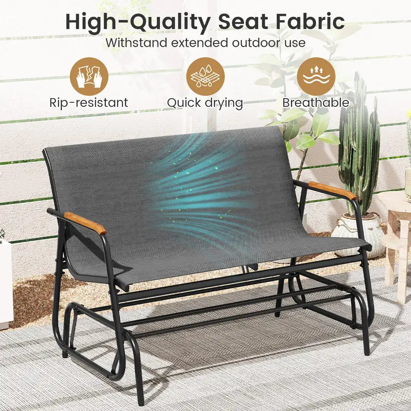 2-Person Patio Glider Bench with Curved Teak Armrests and Breathable Fabric Seat-Grey