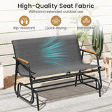 2-Person Patio Glider Bench with Curved Teak Armrests and Breathable Fabric Seat-Grey