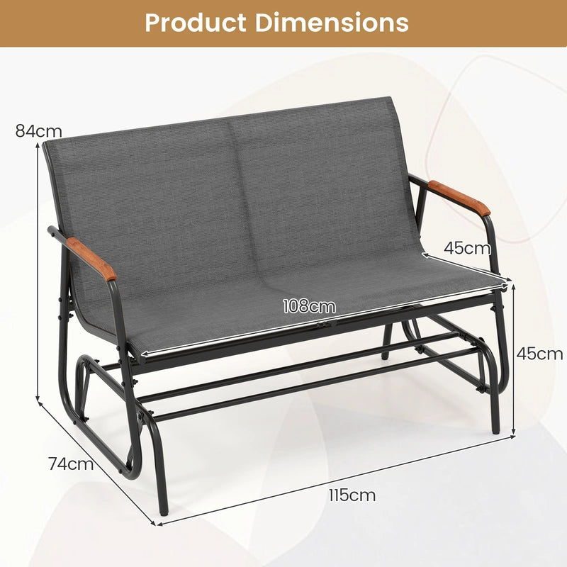 2-Person Patio Glider Bench with Curved Teak Armrests and Breathable Fabric Seat-Grey