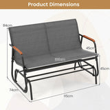 2-Person Patio Glider Bench with Curved Teak Armrests and Breathable Fabric Seat-Grey