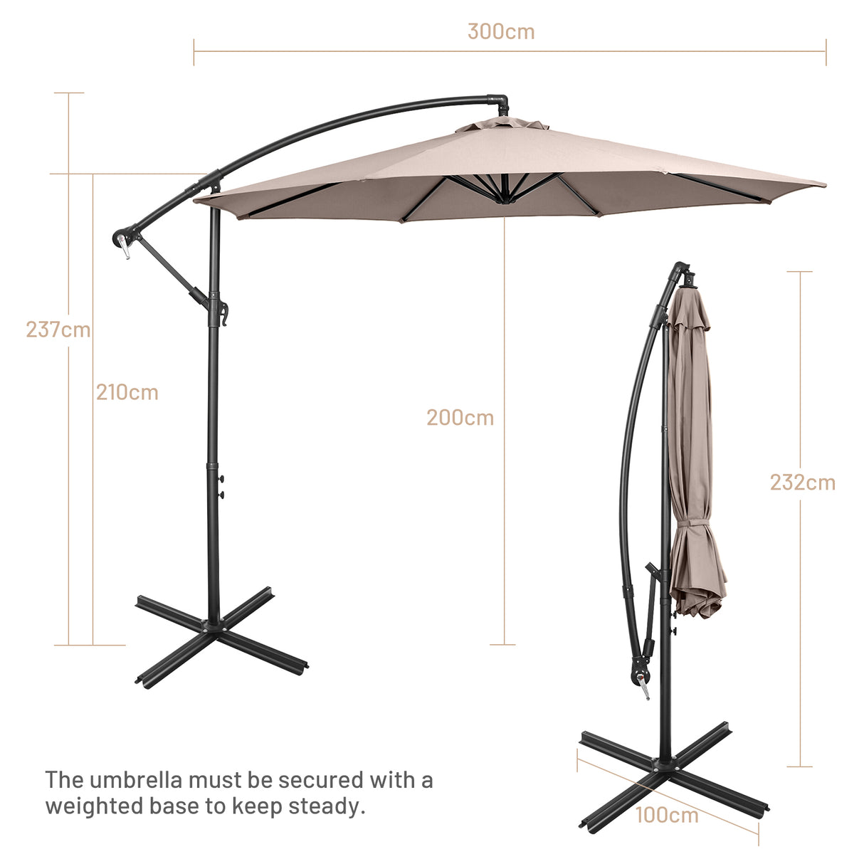 10FT Offset Umbrella with 8 Ribs Cantilever and Cross Base Tilt Adjustment-Brown