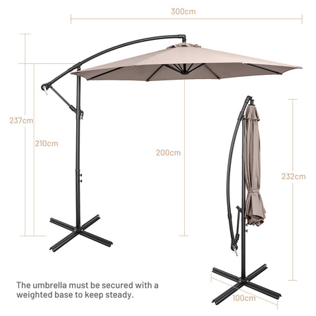 10FT Offset Umbrella with 8 Ribs Cantilever and Cross Base Tilt Adjustment-Brown
