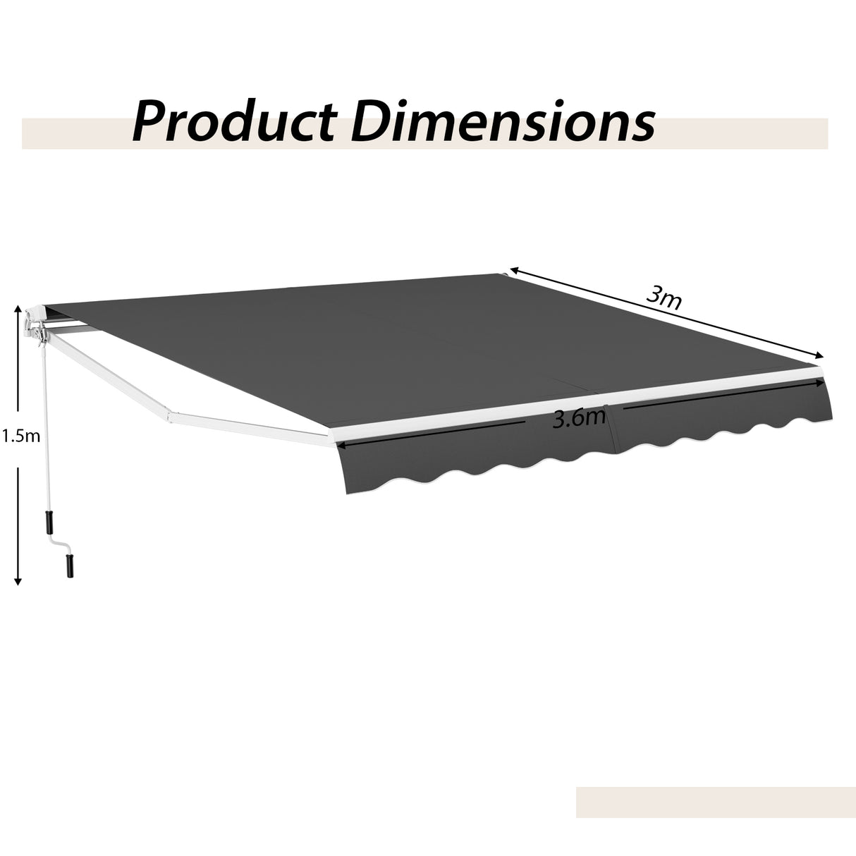 Retractable Awning Aluminum Patio Sun Shade with Crank Handle 3.6m  3m Gray