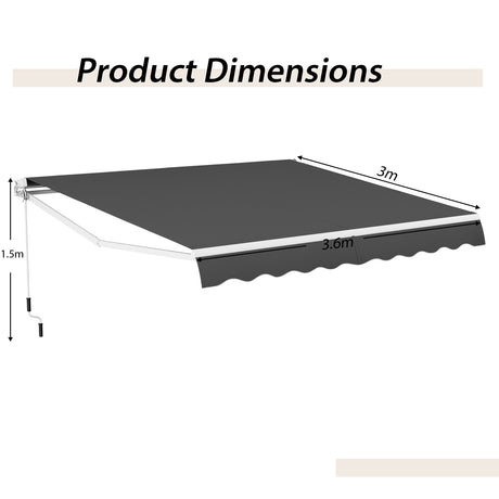 Retractable Awning Aluminum Patio Sun Shade with Crank Handle 3.6m  3m Gray