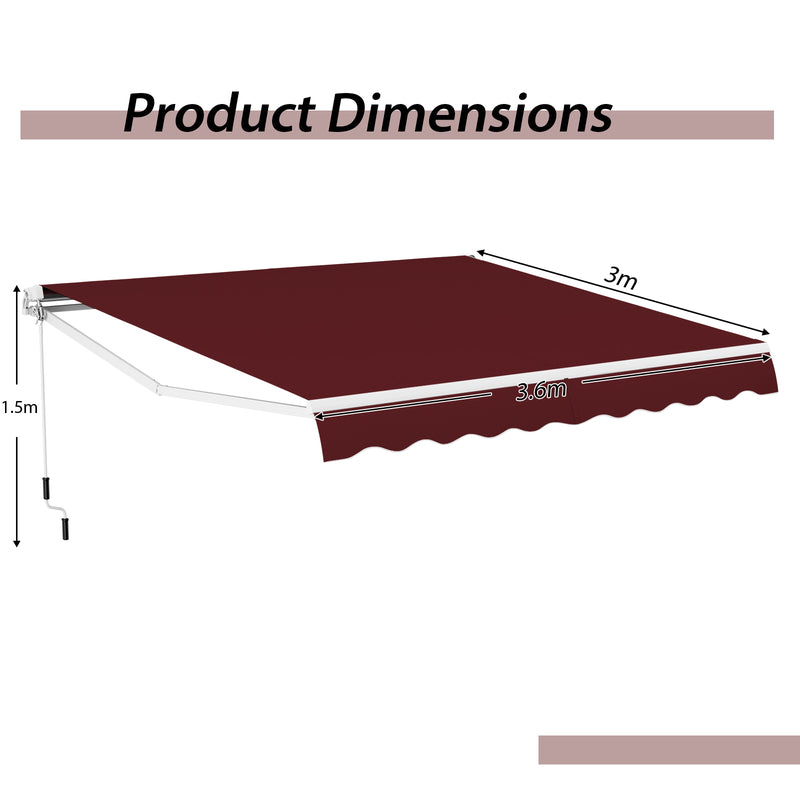 Retractable Awning Aluminum Patio Sun Shade with Crank Handle 3.6m  3m Wine Red