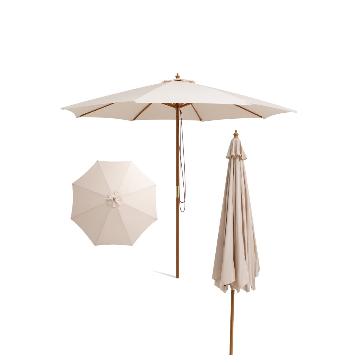 Adjustable 10 Feet Wooden Outdoor Umbrella Sunshade-Beige