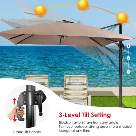 360 Rotation 8-Rib Cantilever Umbrella with 3 Tilt Settings for Garden and Cafe-Coffee