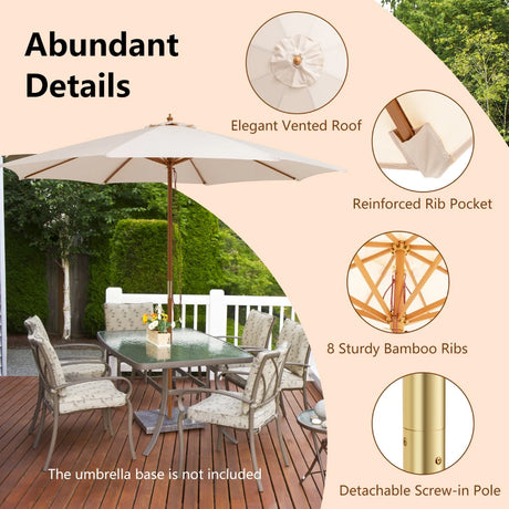 Adjustable 10 Feet Wooden Outdoor Umbrella Sunshade-Beige