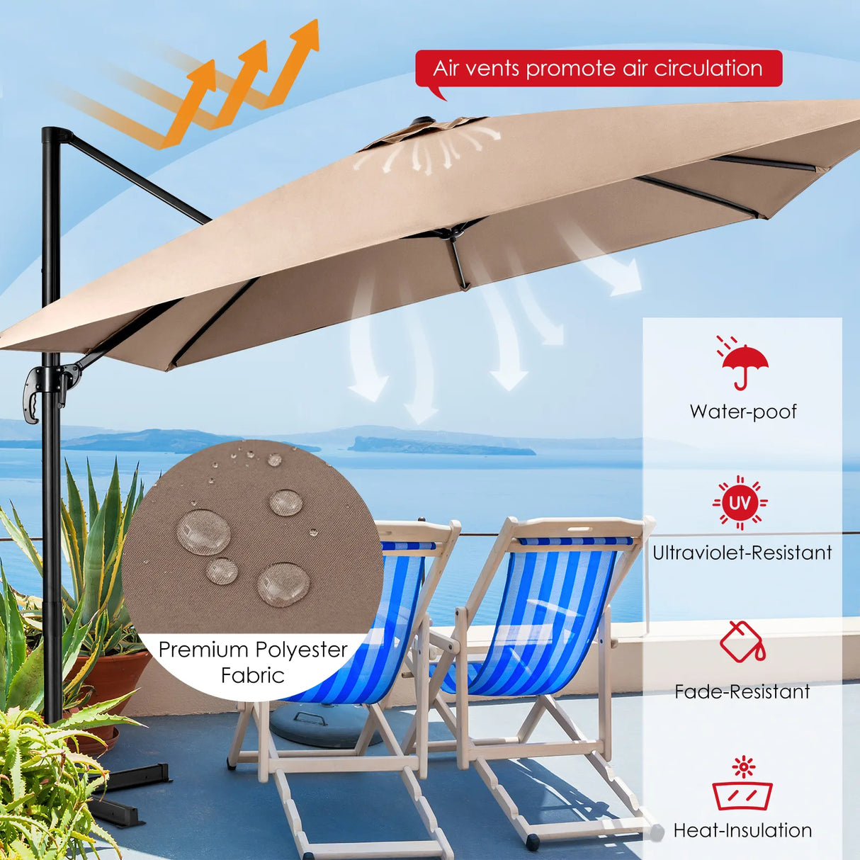 360 Rotation 8-Rib Cantilever Umbrella with 3 Tilt Settings for Garden and Cafe-Coffee