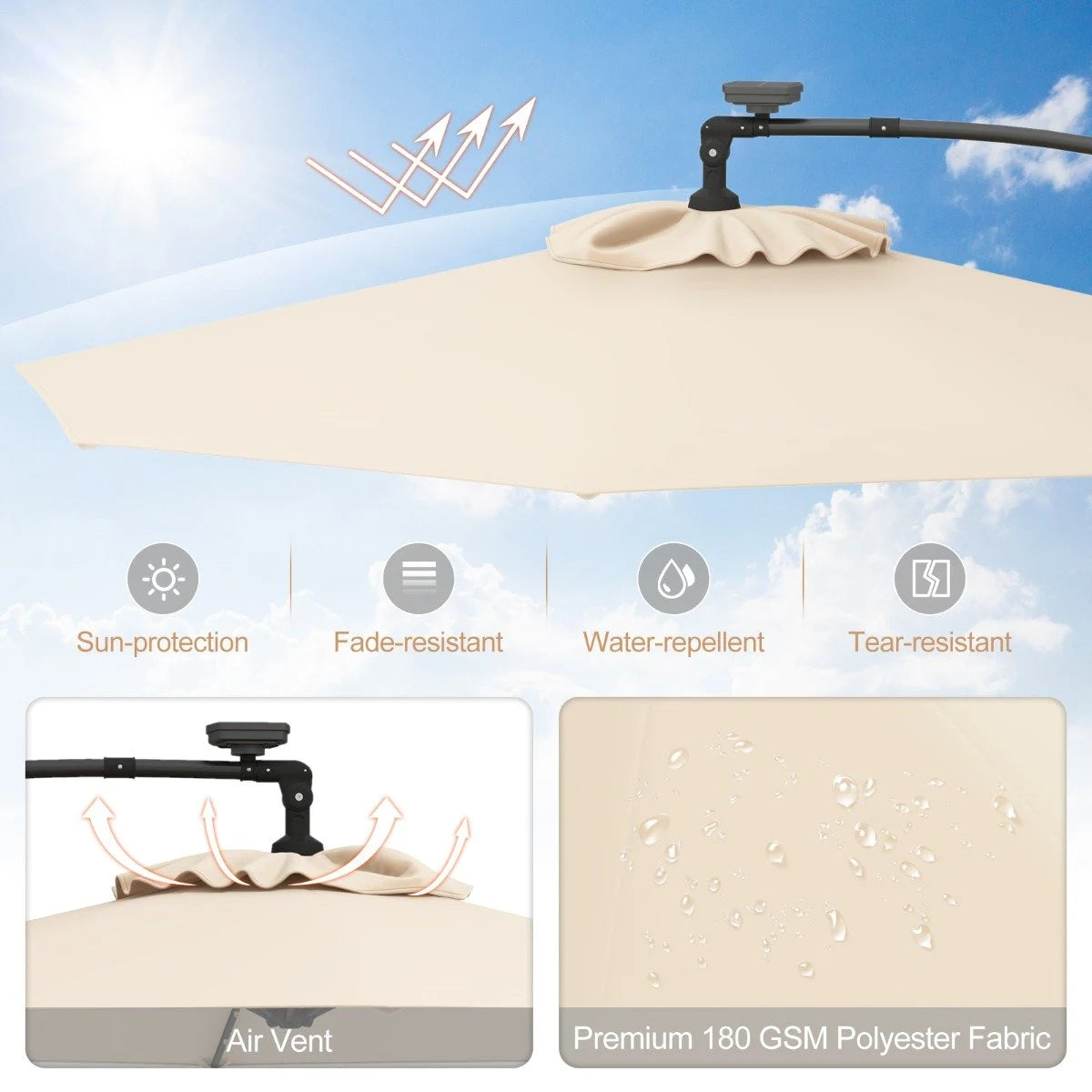 Patio Umbrella Solar LED Cantilever Umbrella with Tilt Adjustment-Beige