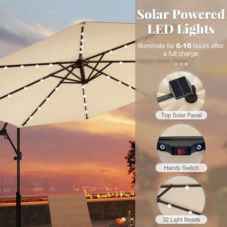 Patio Umbrella Solar LED Cantilever Umbrella with Tilt Adjustment-Beige