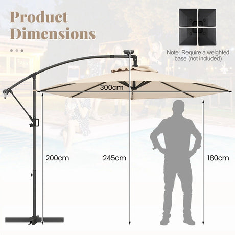 Patio Umbrella Solar LED Cantilever Umbrella with Tilt Adjustment-Beige