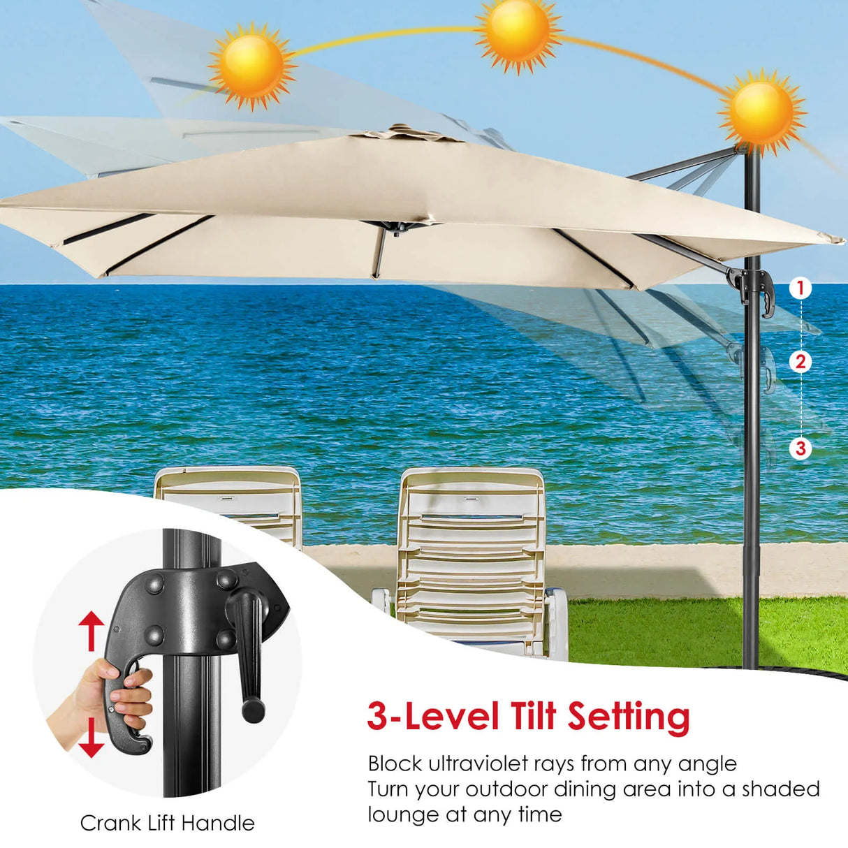 360 Rotation 8-Rib Cantilever Umbrella with 3 Tilt Settings for Garden and Cafe-Beige