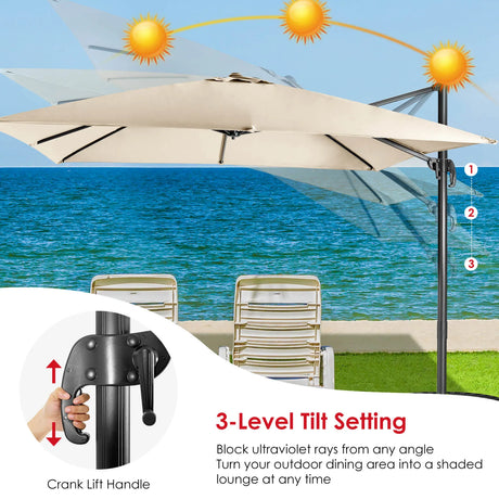 360 Rotation 8-Rib Cantilever Umbrella with 3 Tilt Settings for Garden and Cafe-Beige